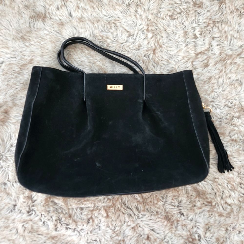 Milly Astor Ruffle Suede Pinched Slip Pocket Handbag Black